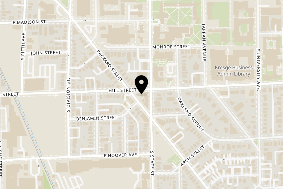 Map showing the location of Baba Dari Mediterranean Grill on 601 Packard St in Ann Arbor